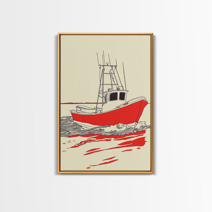 Red Fishing Boat Illustration Canvas Print, Nautical Wall Art, Coastal Beach House Decor, Maritime Gift For Him, Ocean Wall Decor
