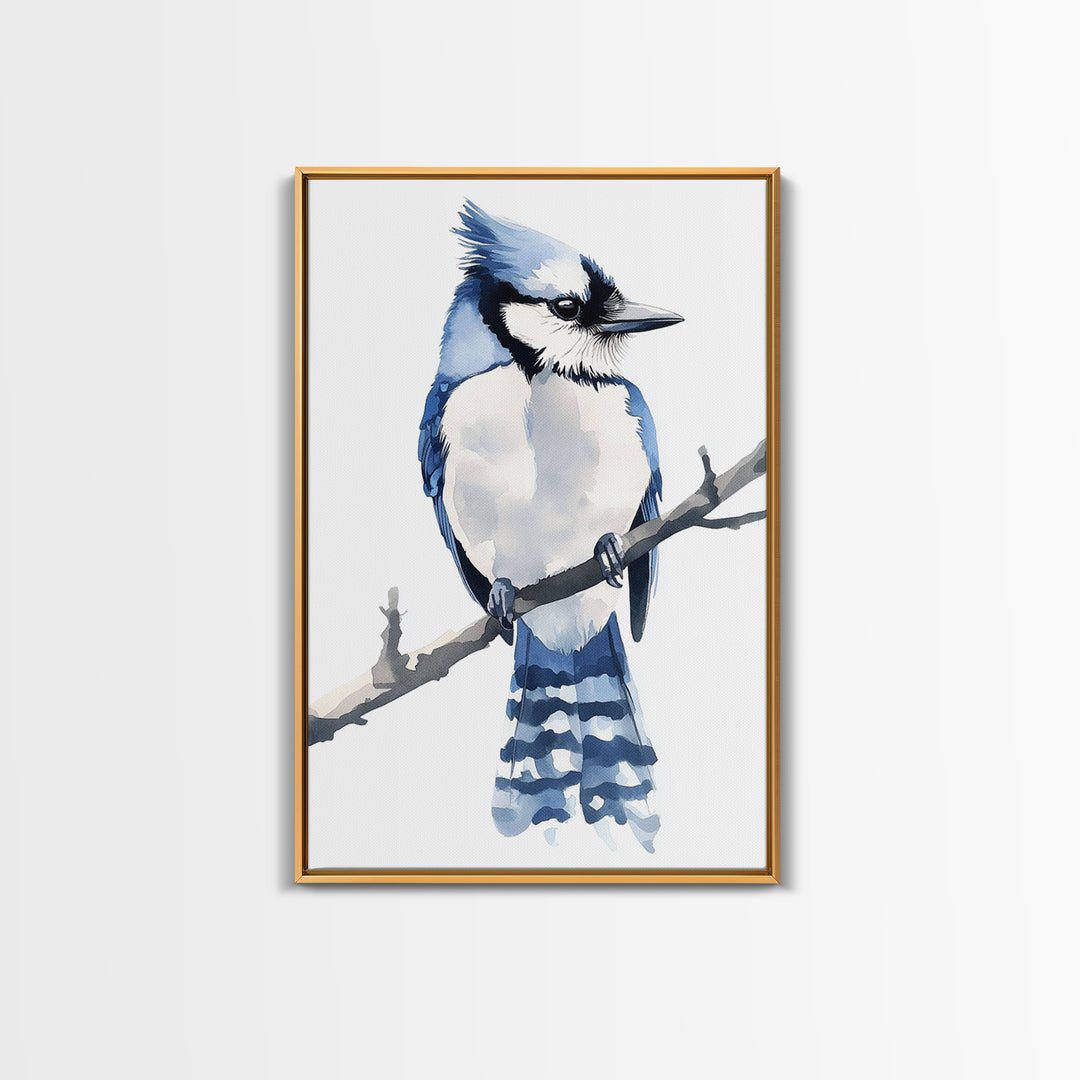 Blue Jay Bird Watercolor Wall Art, Woodland Nature Decor, Bird Lover Gift, Nursery Animal Canvas Print, Coastal Blue Art