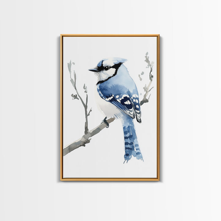 Blue Jay Perched On Branch Wall Art, Watercolor Bird Print, Woodland Nursery Decor, Nature Canvas Print, Bird Lover Gift