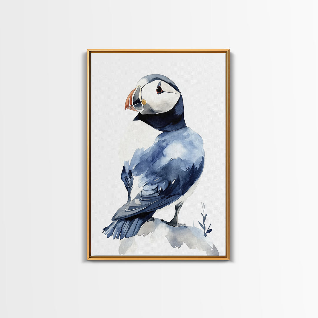Puffin Bird Watercolor Canvas Print, Coastal Wildlife Wall Art, Nautical Nursery Decor, Ocean Animal Gift, Blue Seabird Art