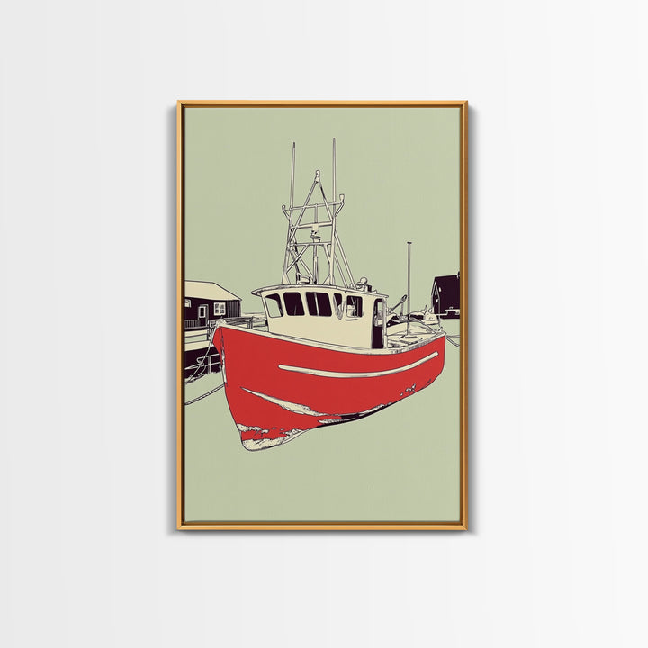 Red Fishing Boat In Harbor Wall Art, Nautical Coastal Canvas Print, Beach House Decor, Maritime Living Room Art Gift For Him