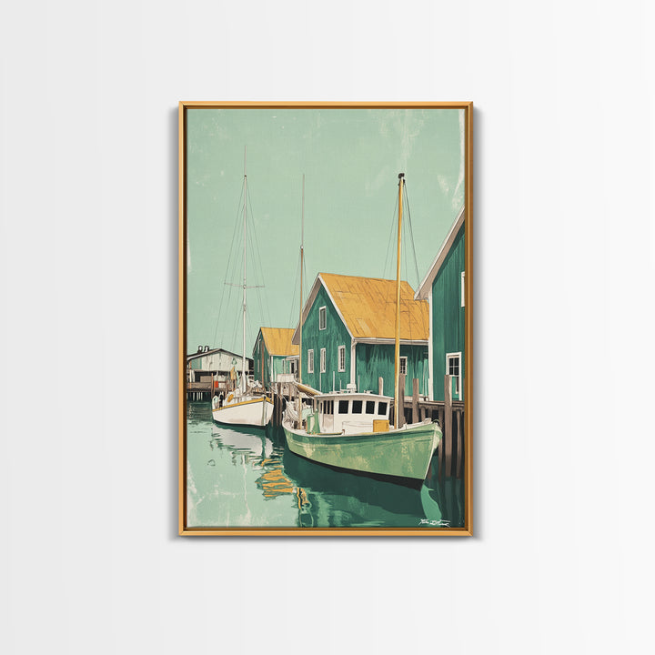 Green Fishing Boats By Dock Framed Canvas Print, Nautical Wall Art, Coastal Home Decor, Beach House Living Room Art Gift