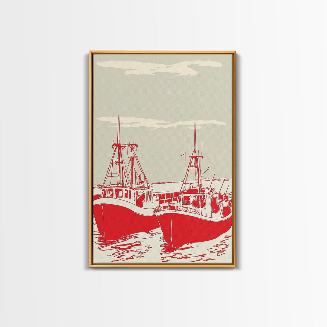 Two Red Fishing Boats At Harbor Canvas Print, Nautical Wall Art, Coastal Decor, Maritime Living Room Poster Gift For Him