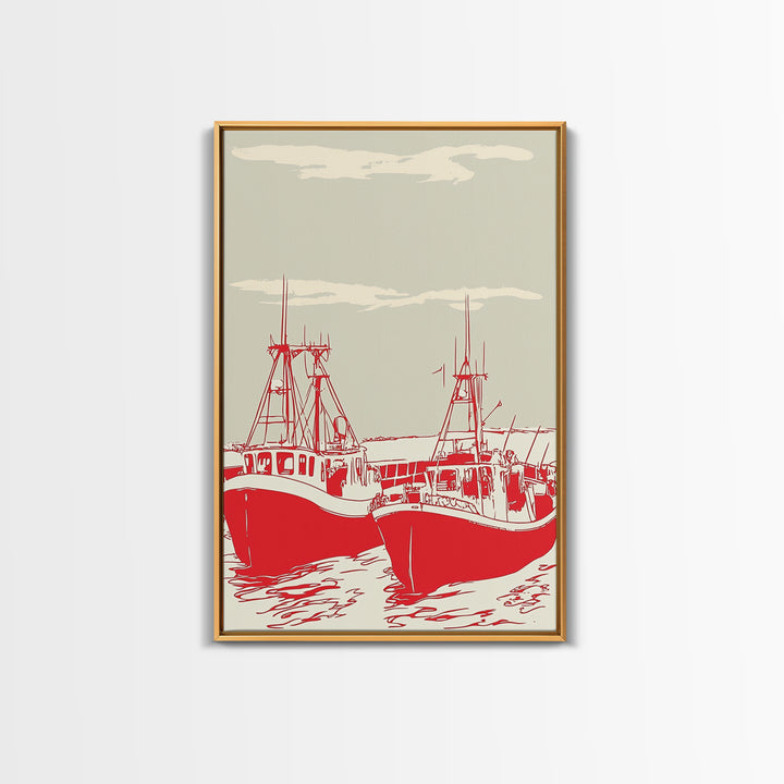 Two Red Fishing Boats At Harbor Canvas Print, Nautical Wall Art, Coastal Decor, Maritime Living Room Poster Gift For Him