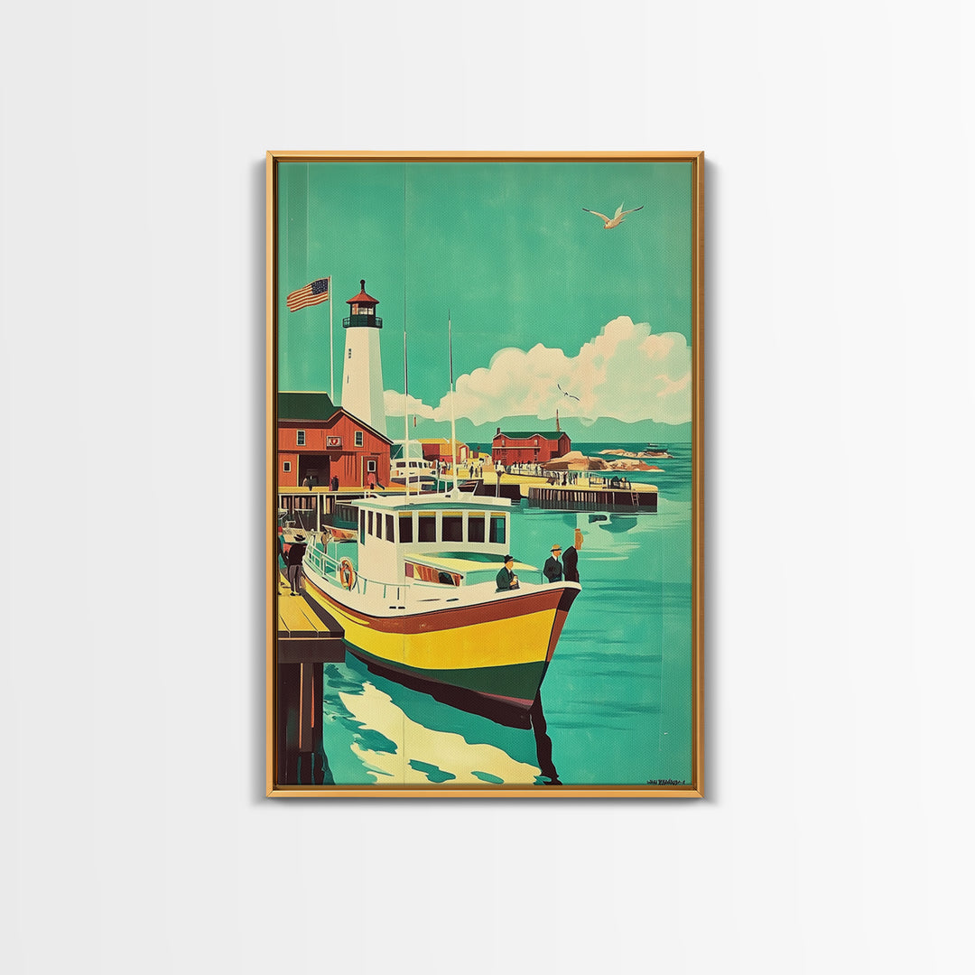 Harbor Boat With Lighthouse Framed Canvas Print, Coastal Wall Art, Nautical Travel Poster, Beach House Living Room Decor