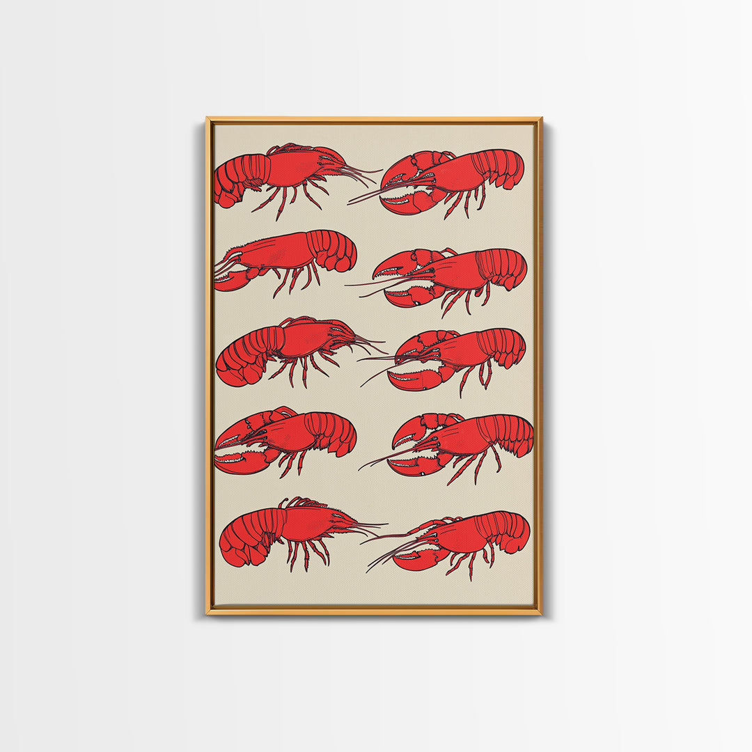 Red Lobster Pattern On Beige Wall Art, Coastal Kitchen Decor, Seafood Print, Nautical Home Decor, Beach House Dining Room Gift
