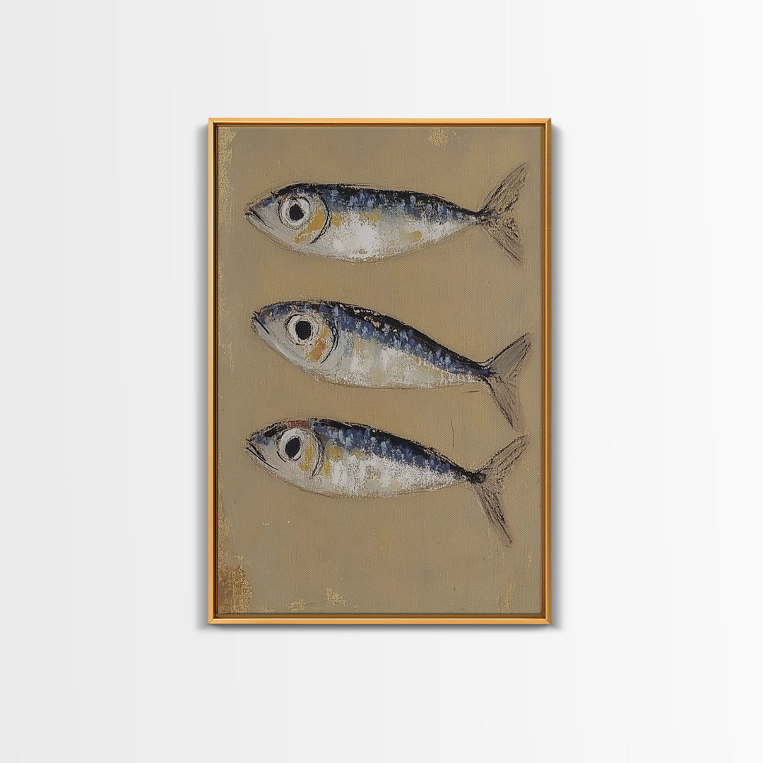 Three Blue Sardines On Beige Canvas Print, Coastal Kitchen Wall Art, Nautical Seafood Decor, Beach House Gift For Dining Room Home Decor