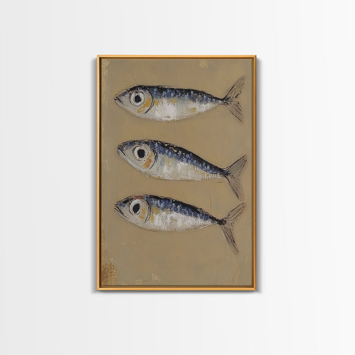 Three Blue Sardines On Beige Canvas Print, Coastal Kitchen Wall Art, Nautical Seafood Decor, Beach House Gift For Dining Room Home Decor