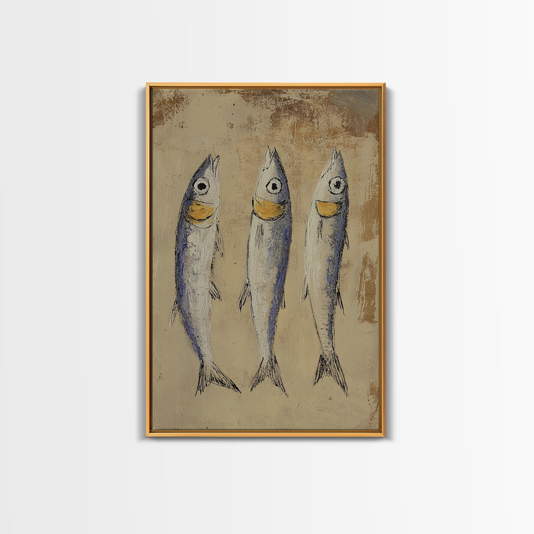 Rustic Three Sardines On Textured Beige Wall Art, Coastal Kitchen Decor, Nautical Fish Canvas Print For Beach House Dining Room