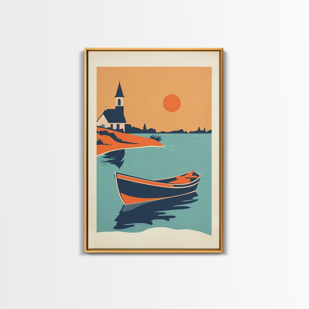 Orange Sunset Boat And Church Wall Art, Coastal Travel Poster, Lake House Decor, Nautical Canvas Print, Summer Beach Gift