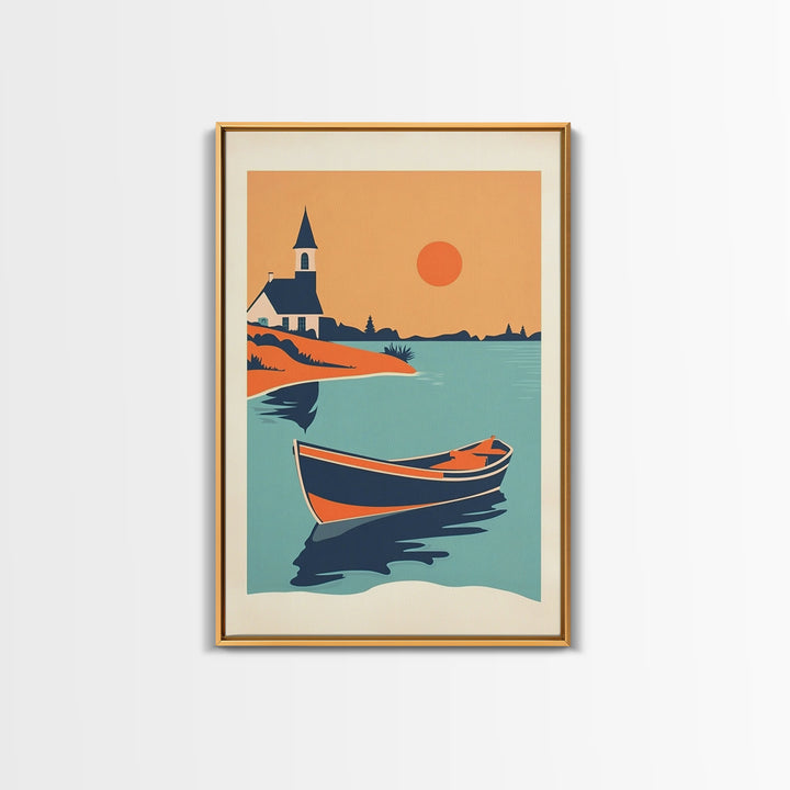 Orange Sunset Boat And Church Wall Art, Coastal Travel Poster, Lake House Decor, Nautical Canvas Print, Summer Beach Gift