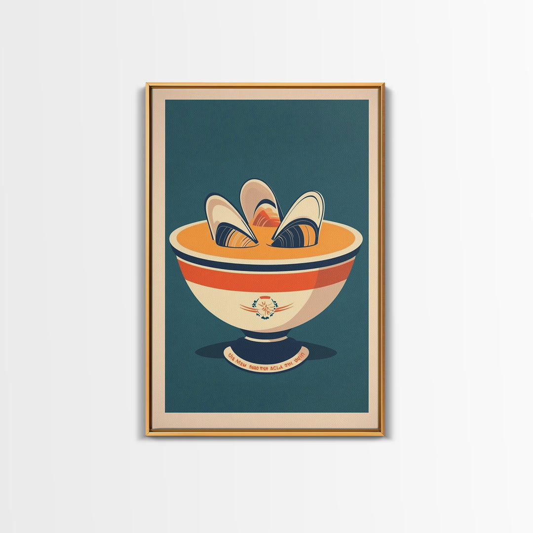 Retro Mussel Bowl Seafood Canvas Print, Coastal Kitchen Wall Art, Nautical Dining Room Decor, Shellfish Art Print Gift For Foodie