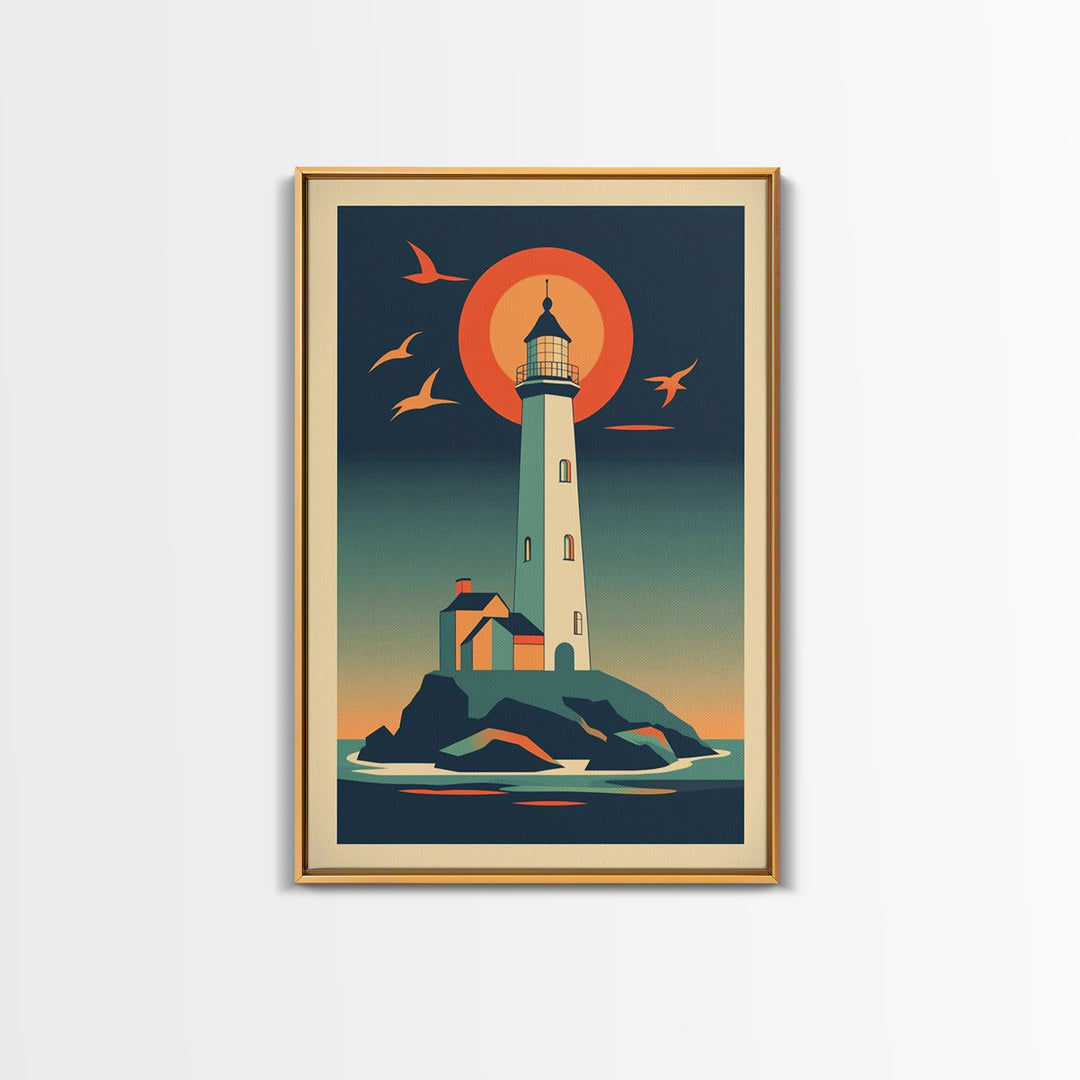 Retro Lighthouse At Sunset With Orange Sun And Seabirds Wall Art, Coastal Wall Decor, Nautical Art Print, Beach House Decor