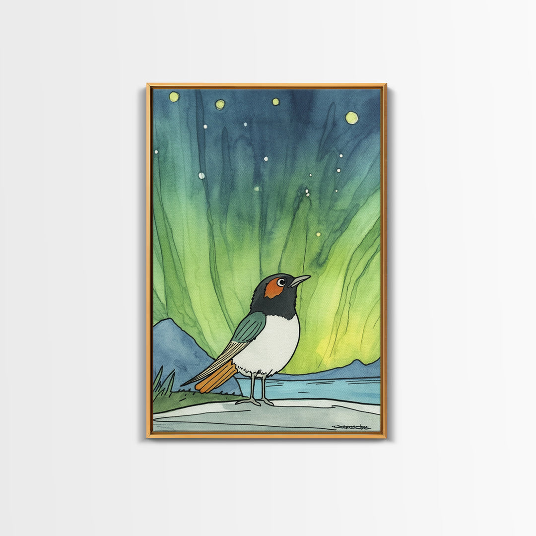 Robin Bird Beneath Green Northern Lights Canvas Print, Aurora Wall Art, Celestial Decor, Nature Wall Decor, Whimsical Art