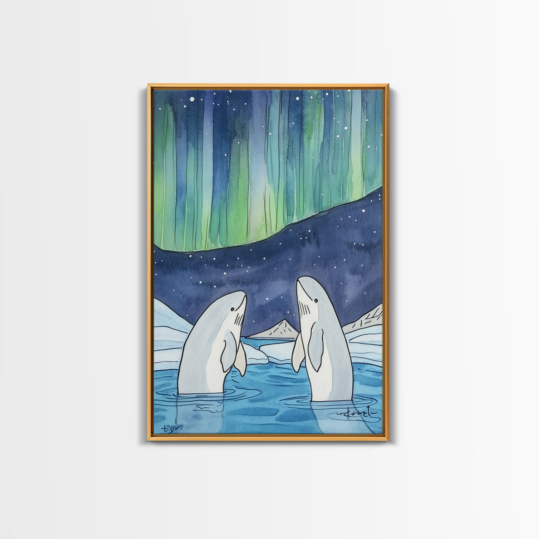 Northern Lights Beluga Whales Canvas Print, Aurora Borealis Ocean Wall Art, Arctic Nursery Decor, Coastal Wall Decor, Gift For Her