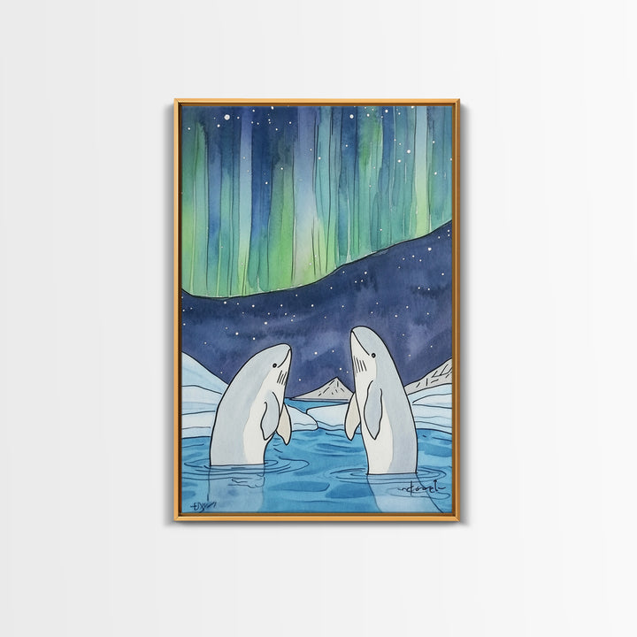 Northern Lights Beluga Whales Canvas Print, Aurora Borealis Ocean Wall Art, Arctic Nursery Decor, Coastal Wall Decor, Gift For Her