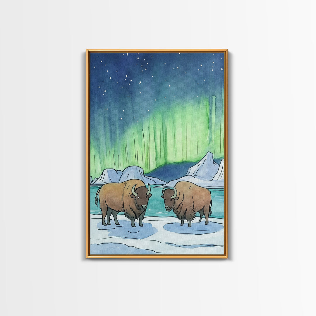 Aurora Bison In Snow Framed Canvas Print, Northern Lights Wall Art, Rustic Wildlife Art, Winter Nature Decor, Cabin Decor