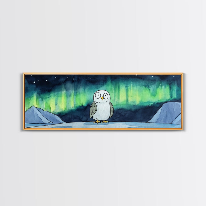 Northern Lights Owl Wall Art, Aurora Borealis Canvas Print, Whimsical Arctic Animal Decor, Kids Room Nursery Art Gift For Kids