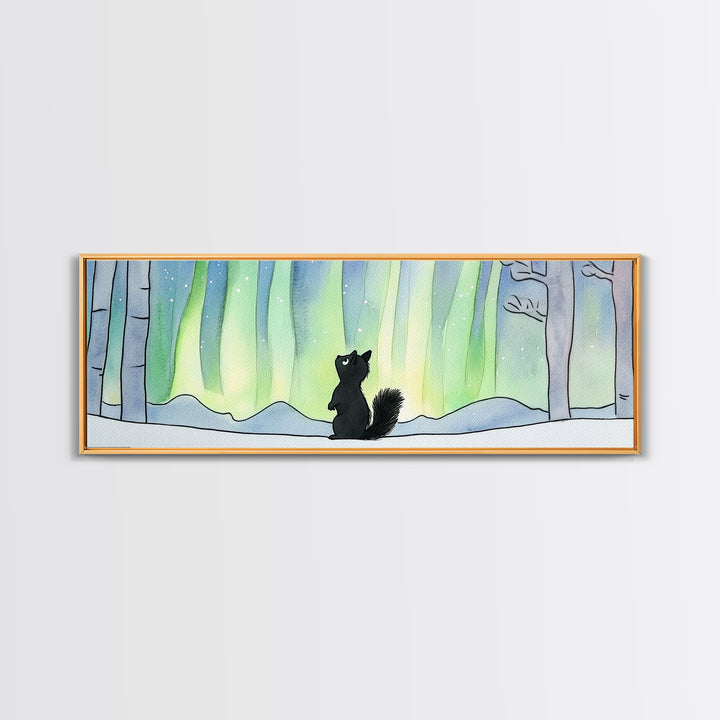 Black Squirrel Under Aurora Forest Wall Art, Winter Woodland Animal Print, Cute Nursery Decor, Northern Lights Wall Decor