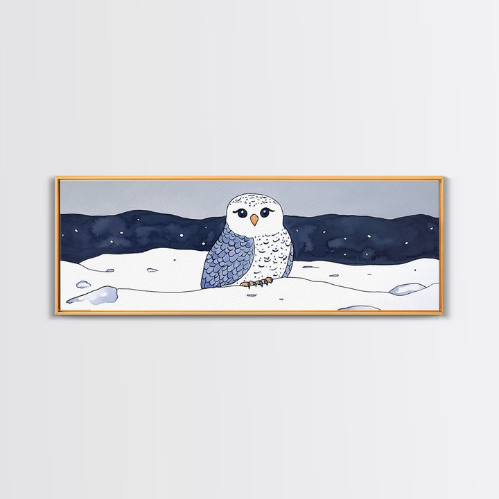 Cute Snowy Owl In Winter Snow Canvas Print, Arctic Bird Wall Art, Nursery Animal Decor, Blue Night Landscape Art Print Gift