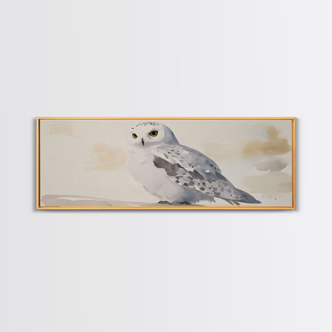 Snowy Owl In Soft Beige Sky Framed Canvas Print, Arctic Bird Wall Art, Neutral Wildlife Decor, Minimalist Nature Print Gift