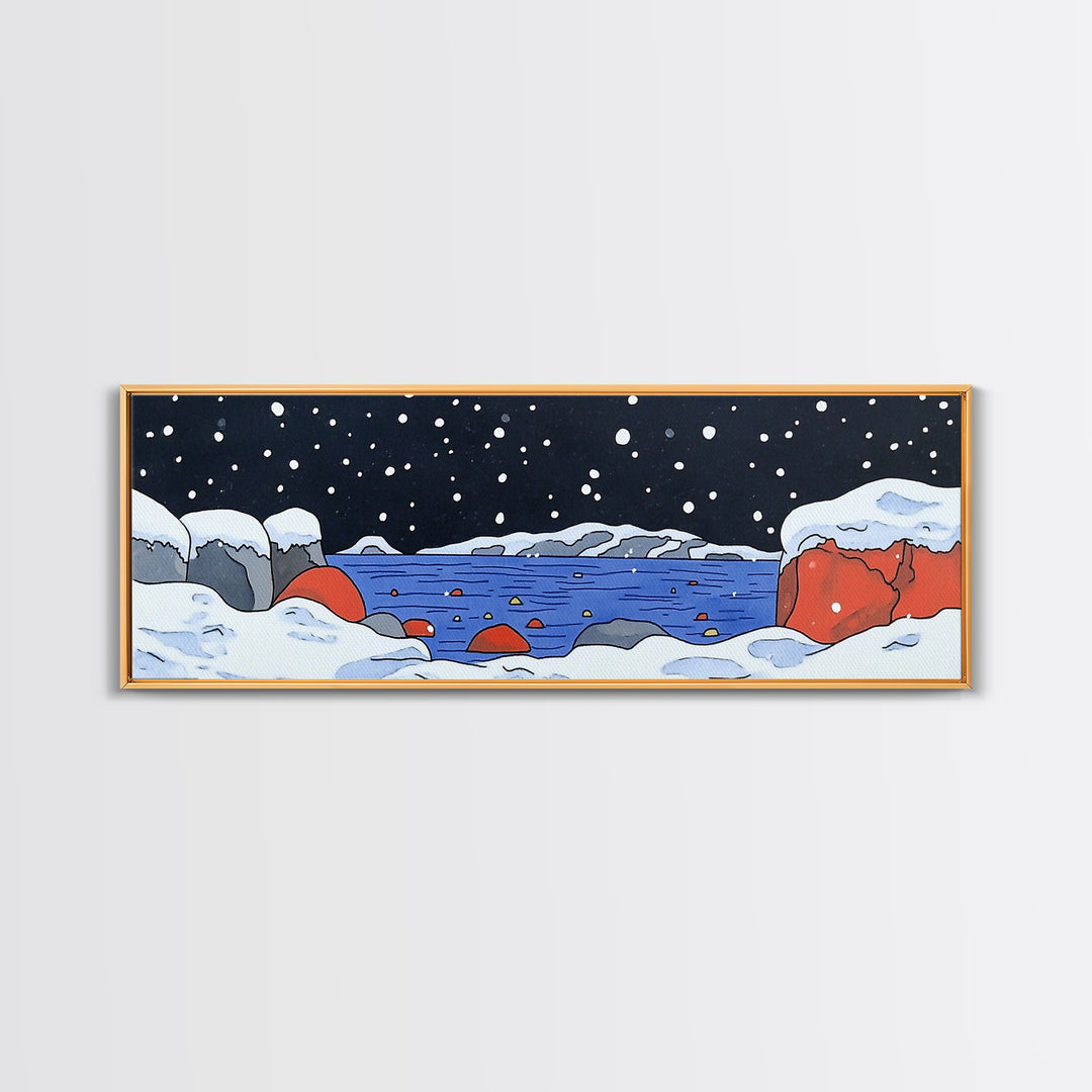 Snowy Arctic Cove With Red Rocks Wall Art, Winter Seascape Canvas Print, Coastal Landscape Decor, Ocean Art Print Home Decor