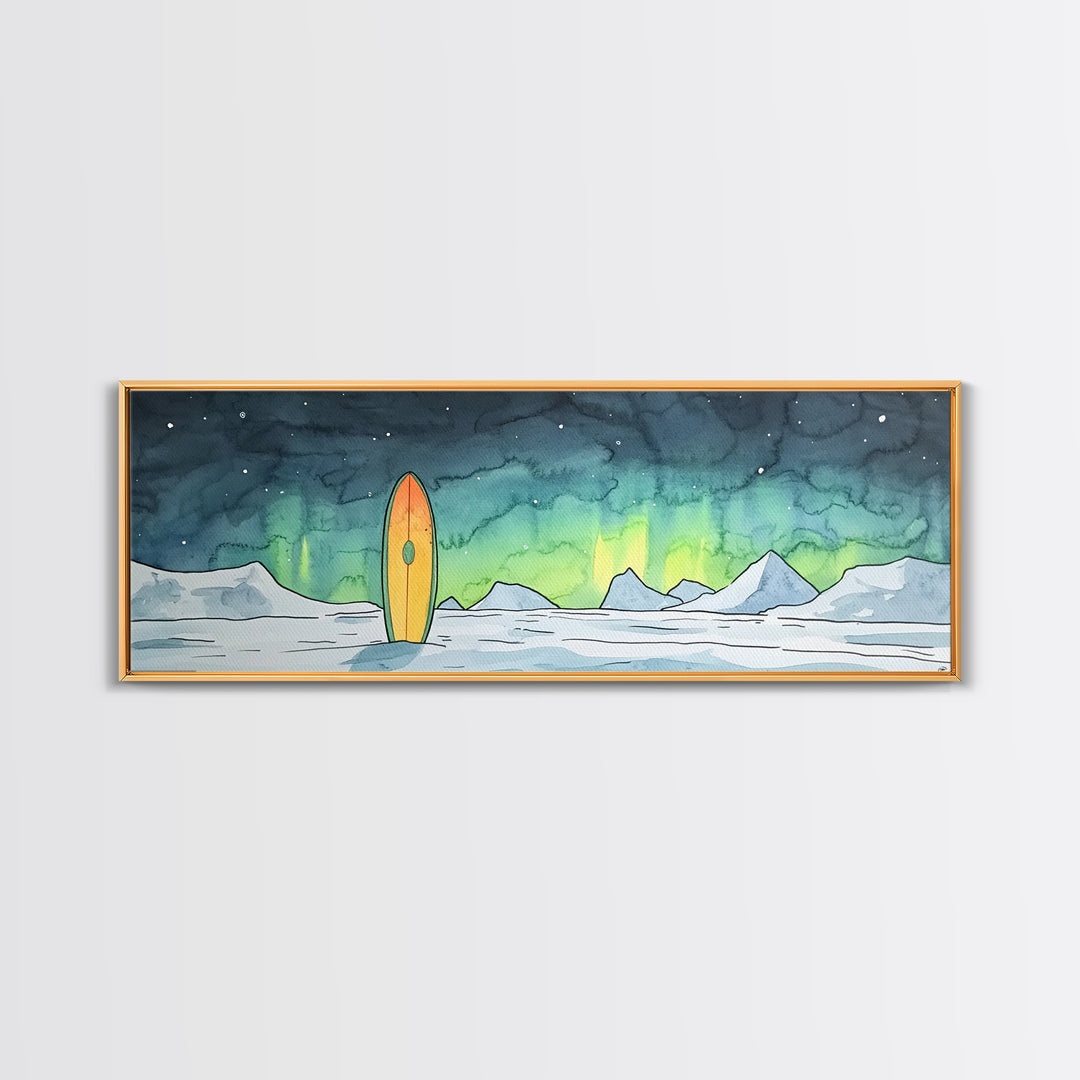 Aurora Surfboard Arctic Mountains Wall Art, Panoramic Canvas Print, Coastal Cabin Decor, Winter Landscape Gift For Beach House