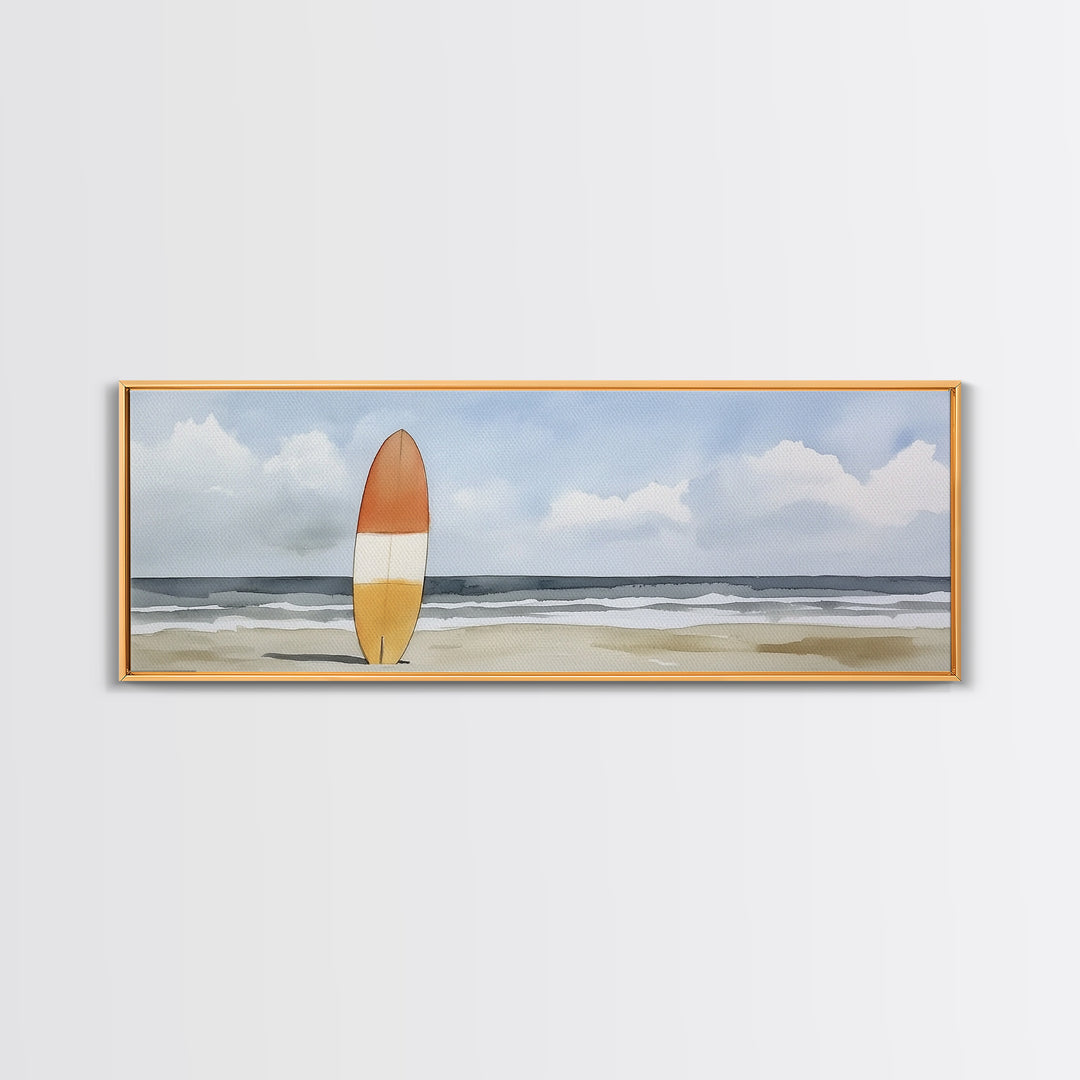 Orange Surfboard On Misty Beach Wall Art, Framed Canvas Print, Coastal Wall Decor, Surf Poster For Beach House Decor Living Room Art