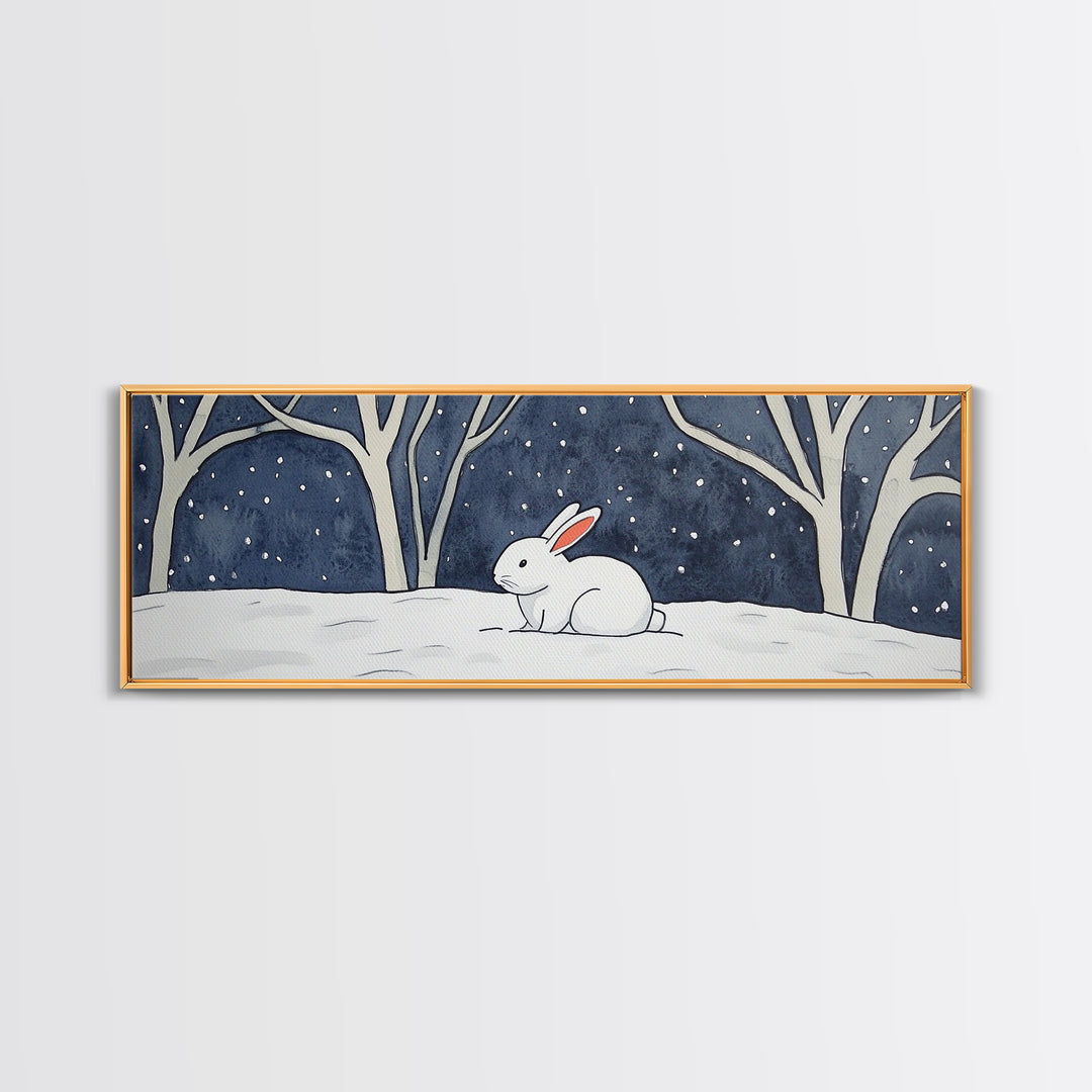 White Rabbit In Snowy Forest Wall Art, Framed Canvas Print, Woodland Nursery Decor, Whimsical Animal Art For Kids Room Gift