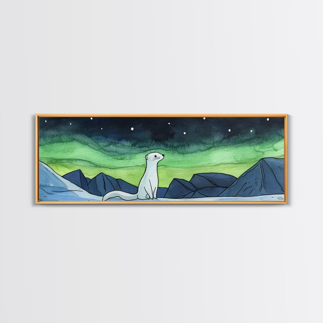 White Arctic Ermine Aurora Mountains Wall Art, Panoramic Canvas Print, Wildlife Wall Decor, Winter Nursery Art For Kids Room