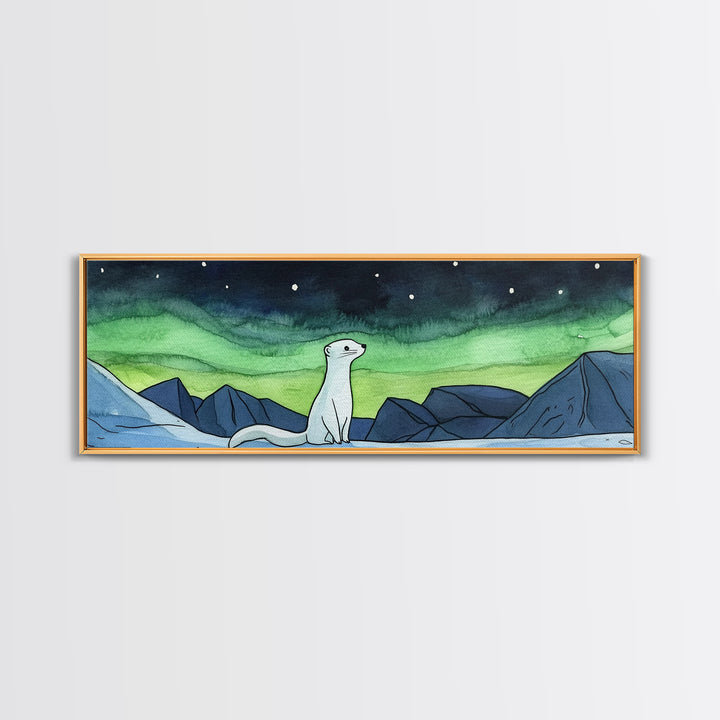 White Arctic Ermine Aurora Mountains Wall Art, Panoramic Canvas Print, Wildlife Wall Decor, Winter Nursery Art For Kids Room