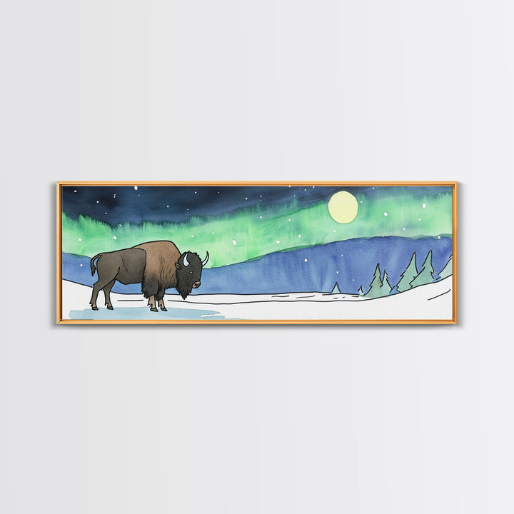 Snowy Bison Under Aurora Moon Wall Art, Wildlife Framed Canvas Print, Rustic Lodge Decor, Winter Landscape Art, Cabin Gift