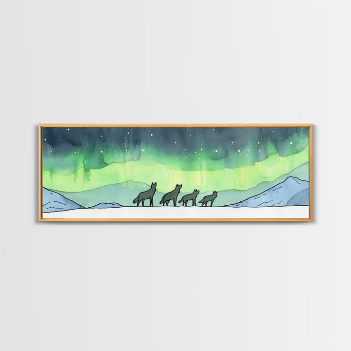Howling Wolves Beneath Northern Lights Wall Art, Wildlife Canvas Print, Winter Mountain Decor, Aurora Landscape Print, Cabin Art