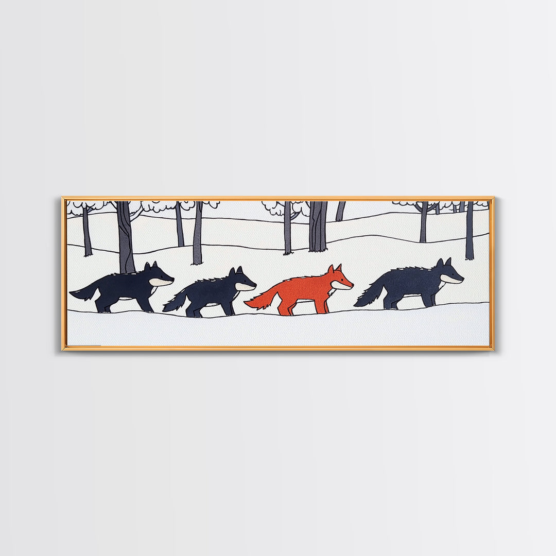 Red Fox Walking With Black Wolves Wall Art, Woodland Animal Canvas Print, Snowy Forest Nursery Decor, Whimsical Wildlife Art