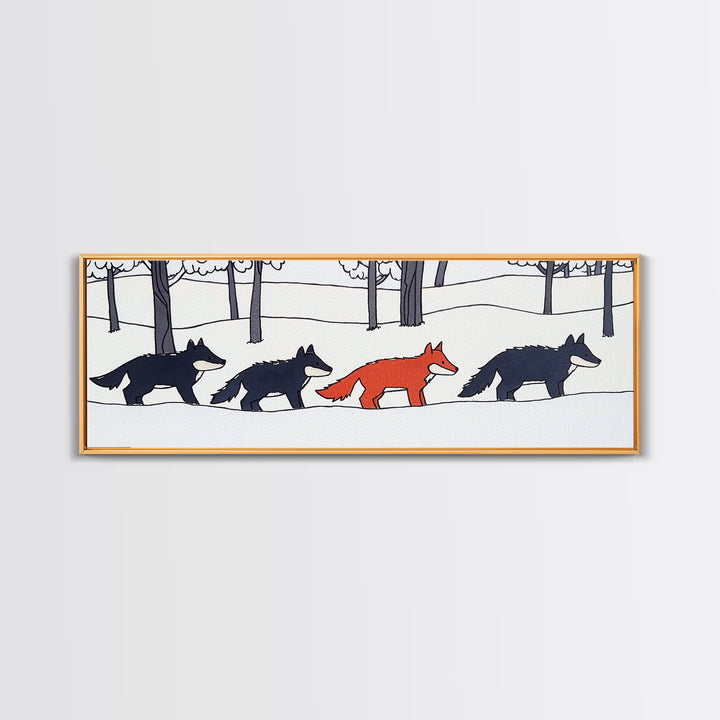 Red Fox Walking With Black Wolves Wall Art, Woodland Animal Canvas Print, Snowy Forest Nursery Decor, Whimsical Wildlife Art