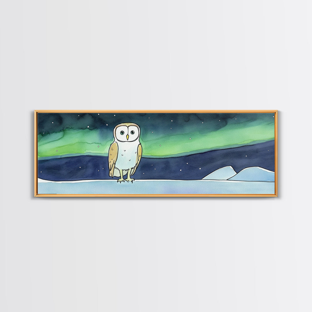 Whimsical Barn Owl Under Aurora Wall Art, Arctic Night Canvas Print, Nursery Decor, Celestial Kids Room Gift, Bedroom Decor