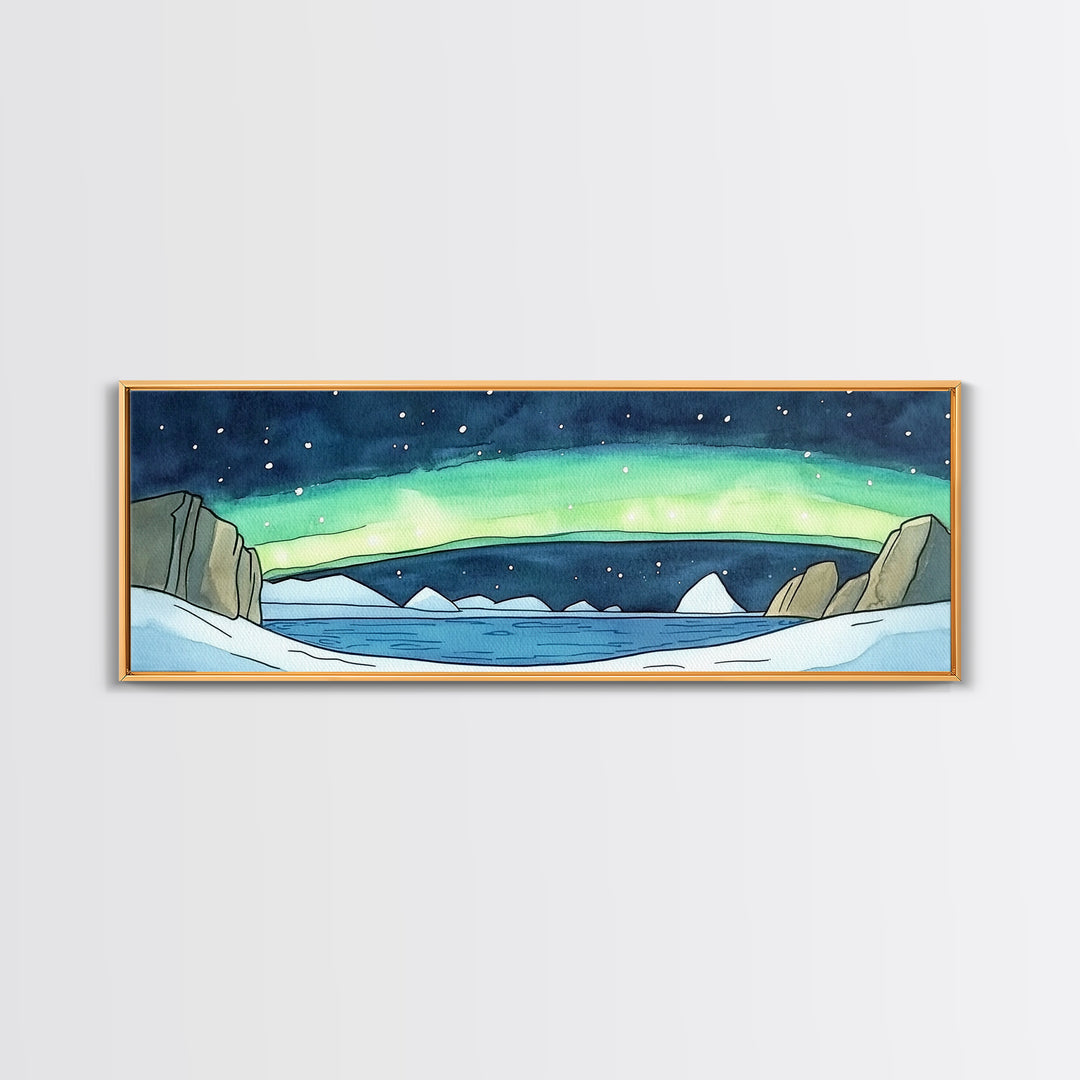 Arctic Aurora Over Icy Sea Wall Art, Northern Lights Landscape Canvas Print, Panoramic Coastal Decor, Statement Artwork Gift