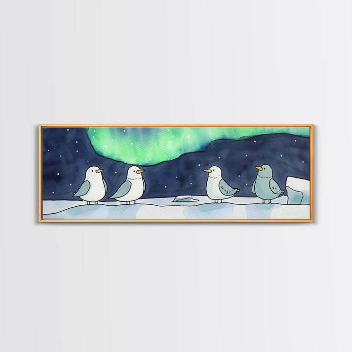 Penguins Under Northern Lights Canvas Print, Arctic Bird Wall Art, Winter Nursery Decor, Celestial Christmas Gift For Her