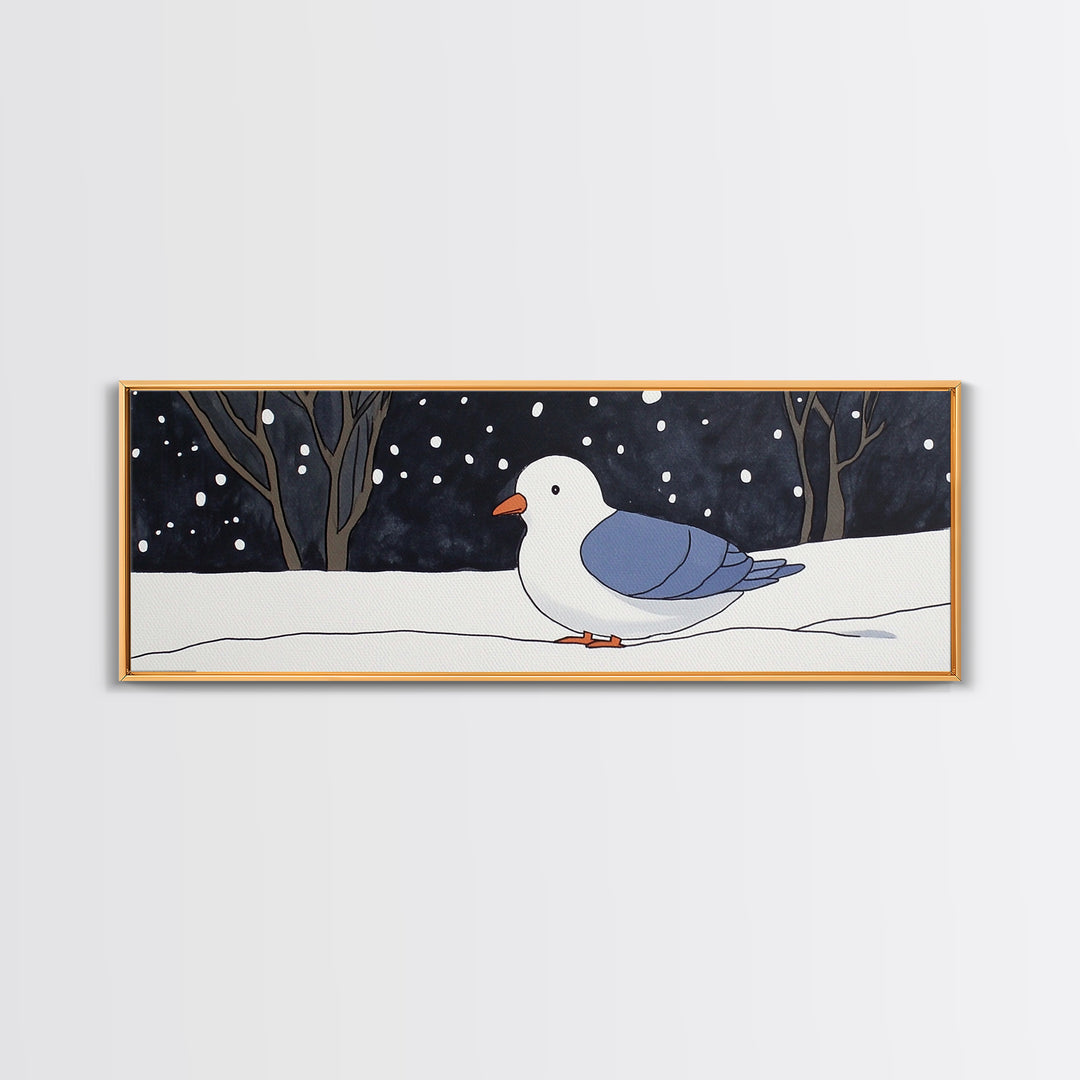 Snowy White Bird In Winter Forest Wall Art, Cozy Nursery Decor, Scandinavian Nature Print, Minimalist Bedroom Poster Gift