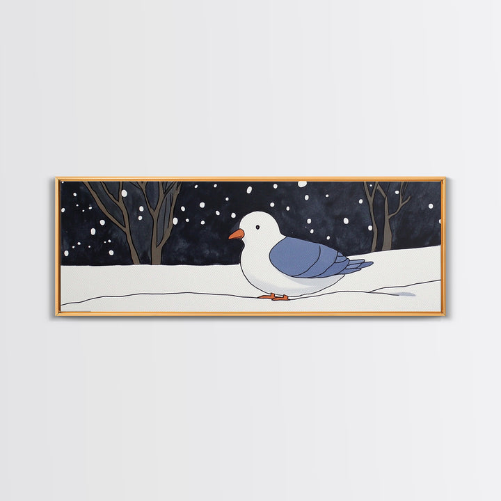 Snowy White Bird In Winter Forest Wall Art, Cozy Nursery Decor, Scandinavian Nature Print, Minimalist Bedroom Poster Gift