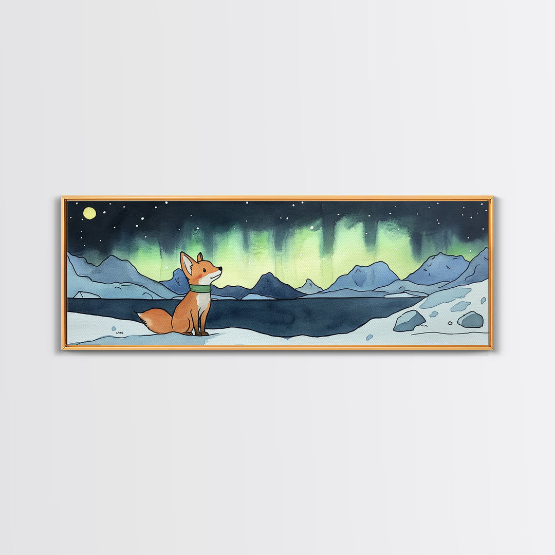Fox Under Northern Lights By Mountain Lake Wall Art, Winter Landscape Print, Woodland Animal Decor, Cozy Cabin Gift For Nature Lovers