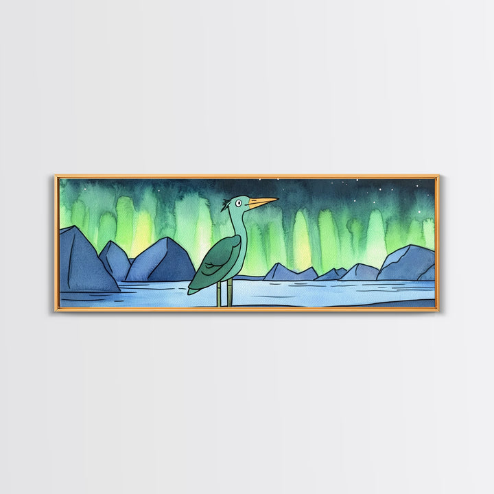 Green Heron Beneath Northern Lights Canvas Print, Arctic Lake Landscape Wall Decor, Japandi Bird Art, Modern Nursery Gift