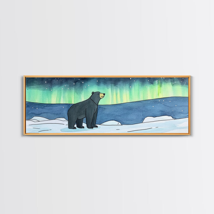 Polar Bear Under Northern Lights Wall Art, Arctic Wildlife Print, Winter Nursery Decor, Blue Green Landscape Gift For Cabin Decor