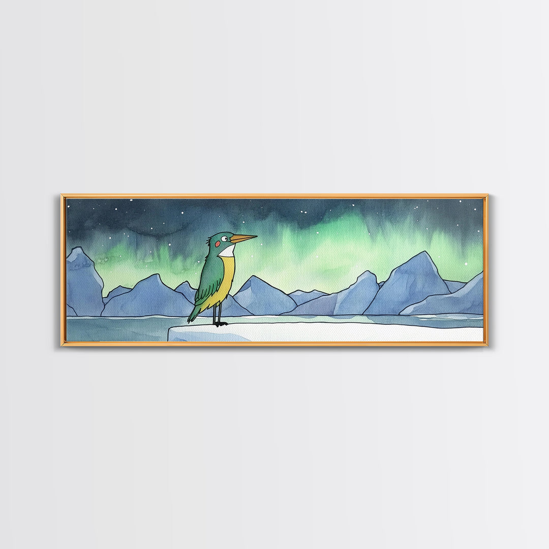 Green Kingfisher Under Northern Lights Wall Art, Arctic Bird Canvas Print, Wildlife Nursery Decor, Mountain Lake Art Print