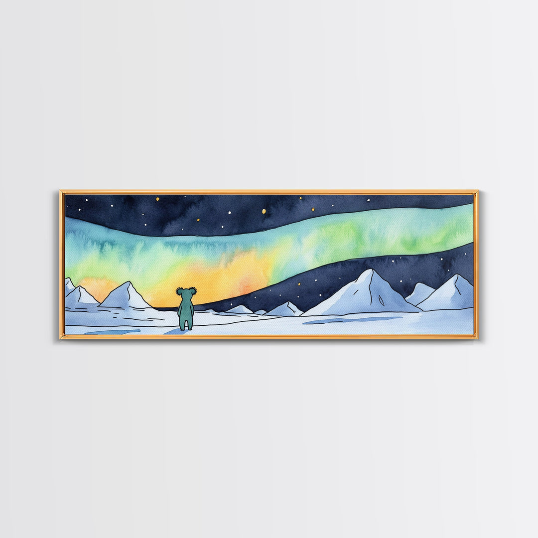 Tiny Bear Watching Aurora Canvas Print, Northern Lights Wall Art, Arctic Nursery Decor, Whimsical Winter Landscape Art Print