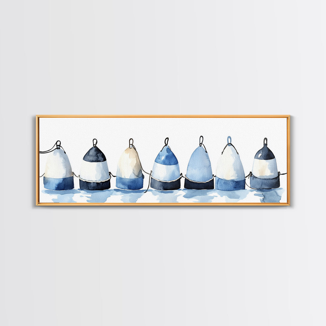 Blue And White Fishing Buoys Wall Art, Nautical Canvas Print, Coastal Bathroom Decor, Beach House Gallery Print, Ocean Wall Decor