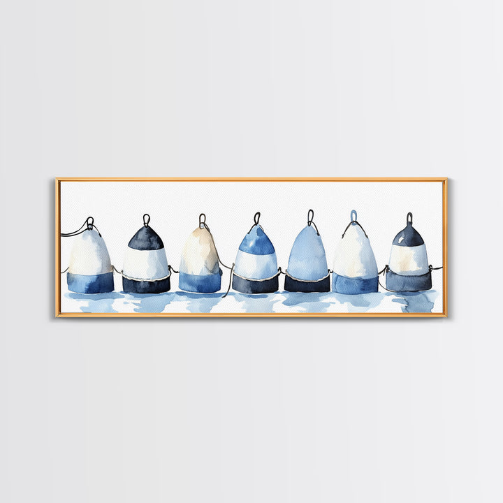 Blue And White Fishing Buoys Wall Art, Nautical Canvas Print, Coastal Bathroom Decor, Beach House Gallery Print, Ocean Wall Decor
