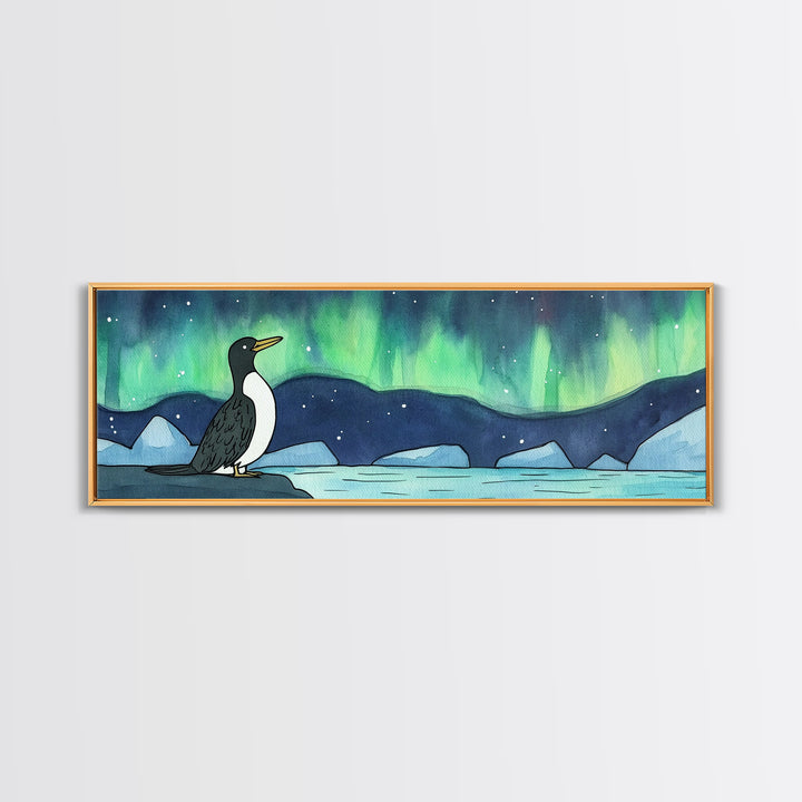 Penguin Under Northern Lights Wall Art, Arctic Bird Canvas Print, Whimsical Nursery Decor, Winter Ocean Landscape Art Print