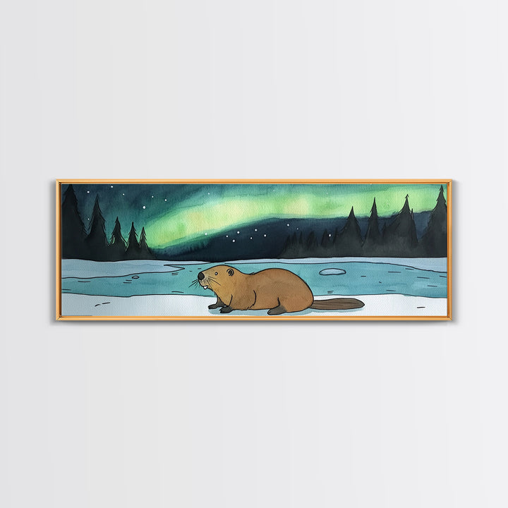 Beaver By Frozen Lake Wall Art, Northern Lights Canvas Print, Woodland Animal Decor, Rustic Cabin Winter Landscape Art Print