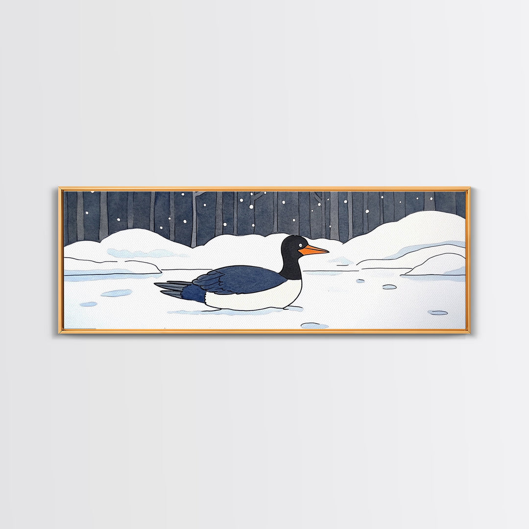 Black And White Duck In Snow Wall Art, Winter Bird Canvas Print, Minimalist Nursery Decor, Cozy Lake House Wildlife Art Print